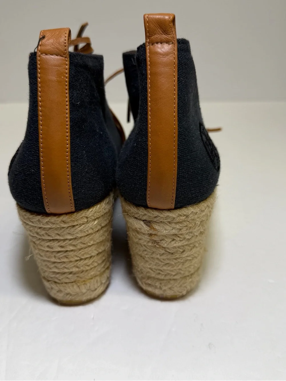 Tory Burch Black Canvas Espadrille Wedges with Tan Leather Trim Size‎ 7